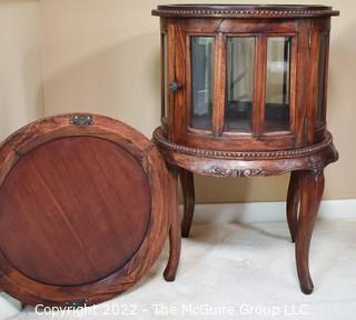 Mahogany Round Beveled Glass Vitrine or Liquor Cabinet with Tray Top Insert. 18" D x 30"T.