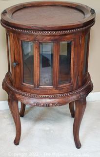 Mahogany Round Beveled Glass Vitrine or Liquor Cabinet with Tray Top Insert. 18" D x 30"T.