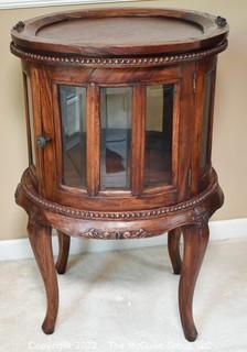 Mahogany Round Beveled Glass Vitrine or Liquor Cabinet with Tray Top Insert. 18" D x 30"T.