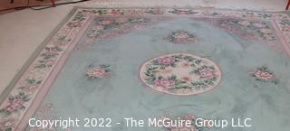 Blue with Center Medallion and Floral Design Wool Aubusson Area Rug.  Some stains.  95" x 128".