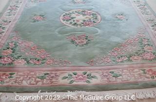 Blue with Center Medallion and Floral Design Wool Aubusson Area Rug.  Some stains.  95" x 128".