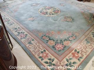 Blue with Center Medallion and Floral Design Wool Aubusson Area Rug.  Some stains.  95" x 128".