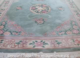 Blue with Center Medallion and Floral Design Wool Aubusson Area Rug.  Some stains.  95" x 128".