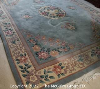 Blue with Center Medallion and Floral Design Wool Aubusson Area Rug.  Some stains.  95" x 128".