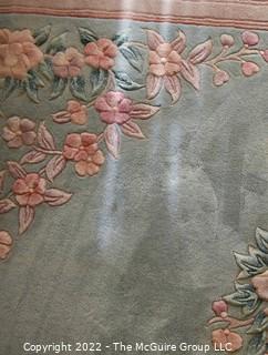 Blue with Center Medallion and Floral Design Wool Aubusson Area Rug.  Some stains.  95" x 128".