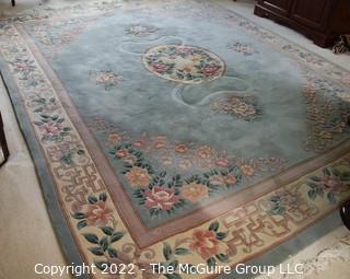 Blue with Center Medallion and Floral Design Wool Aubusson Area Rug.  Some stains.  95" x 128".