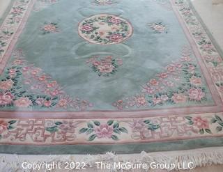 Blue with Center Medallion and Floral Design Wool Aubusson Area Rug.  Some stains.  95" x 128".