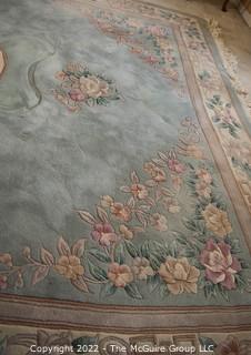 Blue with Center Medallion and Floral Design Wool Aubusson Area Rug.  Some stains.  95" x 128".