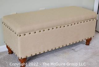 Beige with Brass Nailhead Trim Upholstered Flip Top Storage Bench with Turned Legs. 19" x 18" x 40".