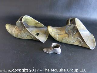 Ornate vintage Brass Spanish Conquistador Stirrup Shoes and a miniature metal boot marked "AJ" 