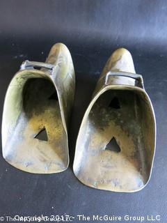 Ornate vintage Brass Spanish Conquistador Stirrup Shoes and a miniature metal boot marked "AJ" 