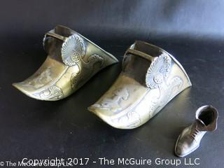 Ornate vintage Brass Spanish Conquistador Stirrup Shoes and a miniature metal boot marked "AJ" 