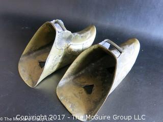 Ornate vintage Brass Spanish Conquistador Stirrup Shoes and a miniature metal boot marked "AJ" 