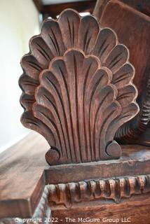 Antique Victorian Renaissance Style Wood Console Table With Marble Top, Hound Carved Legs And Wreath And Shell Decoration.  19" x  28" x 43"L