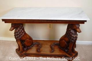 Antique Victorian Renaissance Style Wood Console Table With Marble Top, Hound Carved Legs And Wreath And Shell Decoration.  19" x  28" x 43"L