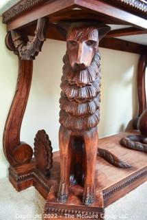 Antique Victorian Renaissance Style Wood Console Table With Marble Top, Hound Carved Legs And Wreath And Shell Decoration.  19" x  28" x 43"L