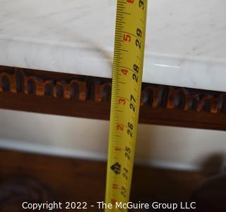 Antique Victorian Renaissance Style Wood Console Table With Marble Top, Hound Carved Legs And Wreath And Shell Decoration.  19" x  28" x 43"L