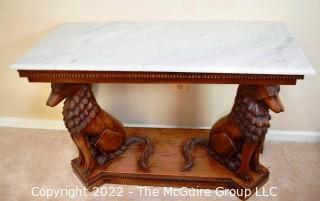 Antique Victorian Renaissance Style Wood Console Table With Marble Top, Hound Carved Legs And Wreath And Shell Decoration.  19" x  28" x 43"L