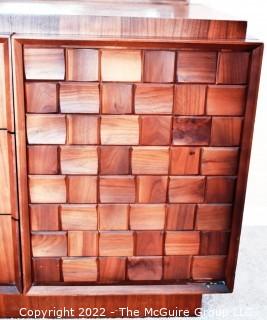 Mid Century Brutalist Low Dresser with Matching Wall Mirror in Walnut Weave Pattern Styled after Paul Evans by Tabago Furniture Company.   Chest of Drawers measures 22" D x 30"T x 78"L.  