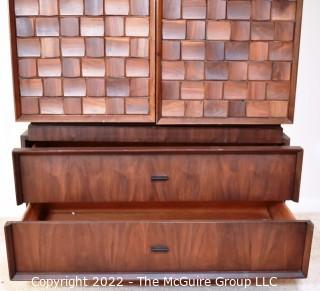 Mid Century Brutalist Tall Boy Chest of Drawers or Armoire in Walnut Weave Pattern Styled after Paul Evans by Tabago Furniture Company. Two Piece.  21" D x 40"W x 72"T.  