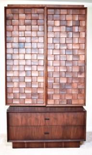 Mid Century Brutalist Tall Boy Chest of Drawers or Armoire in Walnut Weave Pattern Styled after Paul Evans by Tabago Furniture Company. Two Piece.  21" D x 40"W x 72"T.  