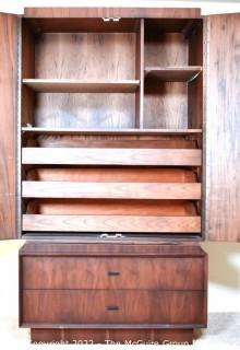 Mid Century Brutalist Tall Boy Chest of Drawers or Armoire in Walnut Weave Pattern Styled after Paul Evans by Tabago Furniture Company. Two Piece.  21" D x 40"W x 72"T.  