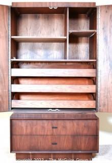 Mid Century Brutalist Tall Boy Chest of Drawers or Armoire in Walnut Weave Pattern Styled after Paul Evans by Tabago Furniture Company. Two Piece.  21" D x 40"W x 72"T.  