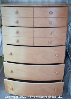 Contemporary Five (5) Drawer Birch Bow Front Tall Dresser. Measures 36W x 20"D x 48"T