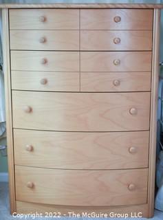 Contemporary Five (5) Drawer Birch Bow Front Tall Dresser. Measures 36W x 20"D x 48"T