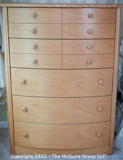 Contemporary Five (5) Drawer Birch Bow Front Tall Dresser. Measures 36W x 20"D x 48"T