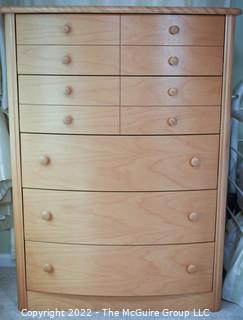 Contemporary Five (5) Drawer Birch Bow Front Tall Dresser. Measures 36W x 20"D x 48"T