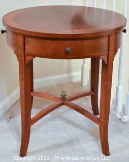 Bombay Company Round Bookmatched Veneer Side Table with Tapered Legs and Four Small Sliver Drawers. 24"D x 26"T.