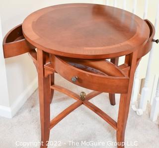 Bombay Company Round Bookmatched Veneer Side Table with Tapered Legs and Four Small Sliver Drawers. 24"D x 26"T.