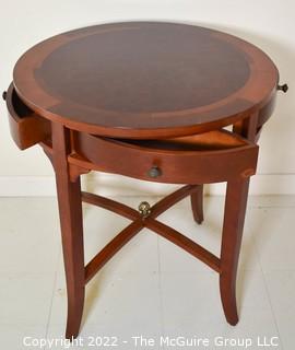 Bombay Company Round Bookmatched Veneer Side Table with Tapered Legs and Four Small Sliver Drawers. 24"D x 26"T.