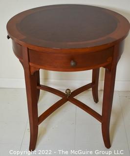 Bombay Company Round Bookmatched Veneer Side Table with Tapered Legs and Four Small Sliver Drawers. 24"D x 26"T.