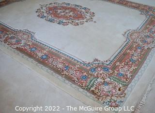 White with Medallion and Ornate Border in Floral Design Aubusson Wool Area Rug. 101" x 142".