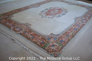 White with Medallion and Ornate Border in Floral Design Aubusson Wool Area Rug. 101" x 142".