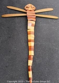 Large Artisan Made Wooden Articulated Dragonfly Wall Art Sculpture.  7' long