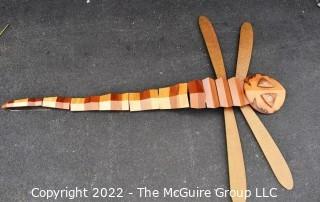 Large Artisan Made Wooden Articulated Dragonfly Wall Art Sculpture.  7' long