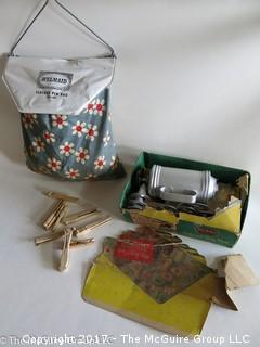 Vintage Clothes Pin bag with clothes pins and Mirro Cooky and Pastry Press 