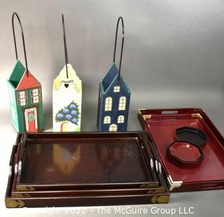 Group of Decorative Wood Items Including Trays and House Shaped Baskets