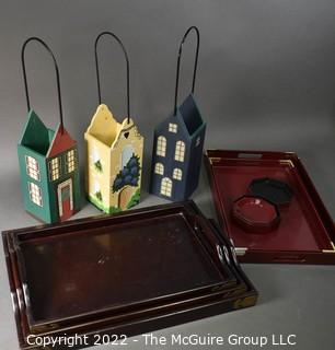 Group of Decorative Wood Items Including Trays and House Shaped Baskets