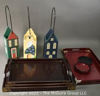 Group of Decorative Wood Items Including Trays and House Shaped Baskets