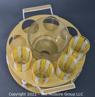 Retro Yellow & White Stripe Glass Tumblers, Ice Bucket and Carrying Tray, Barware. 