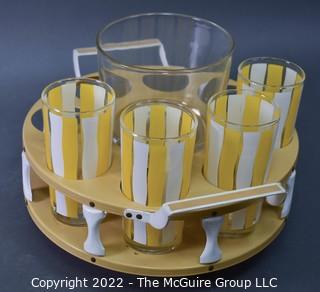 Retro Yellow & White Stripe Glass Tumblers, Ice Bucket and Carrying Tray, Barware. 