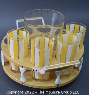 Retro Yellow & White Stripe Glass Tumblers, Ice Bucket and Carrying Tray, Barware. 