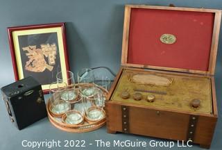 Vintage Brownie Camera, Rattan Barware & Tray, Trunk Shaped Radio and Framed Print. 