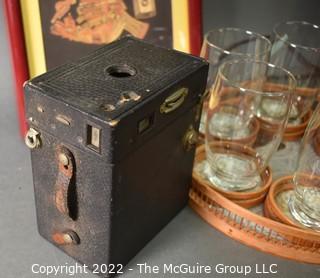 Vintage Brownie Camera, Rattan Barware & Tray, Trunk Shaped Radio and Framed Print. 