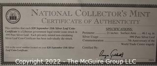 (5) $20 National Collector's Mint September 11th Silver Leaf Coin Certificate