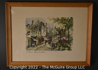 Paris Place Du Tertre Vintage Watercolor Print by Lucien Delarue.  8" x 10".